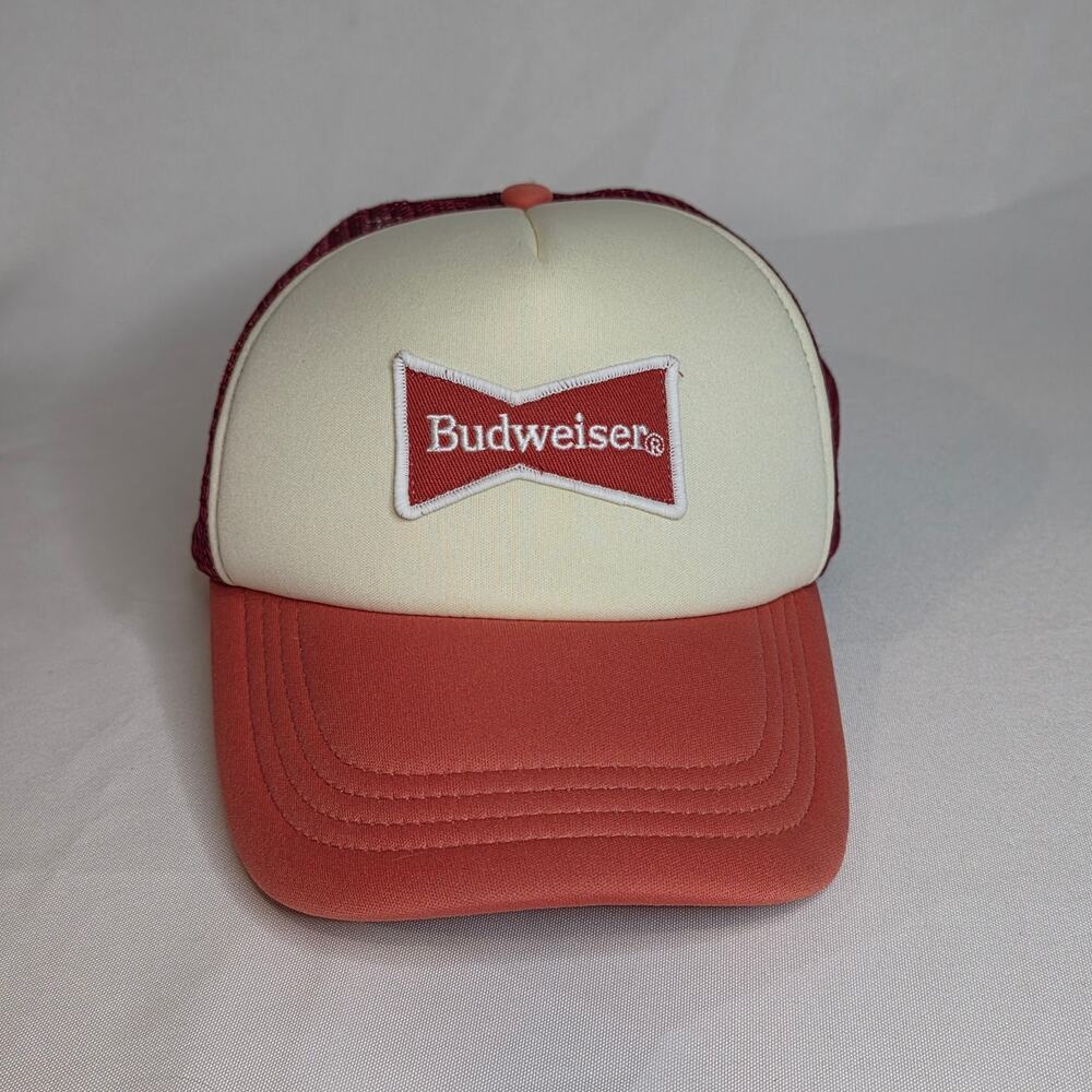 Budweiser Beer Patch Trucker Hat Bud Ribbon Logo 80s Red Modern Vintage